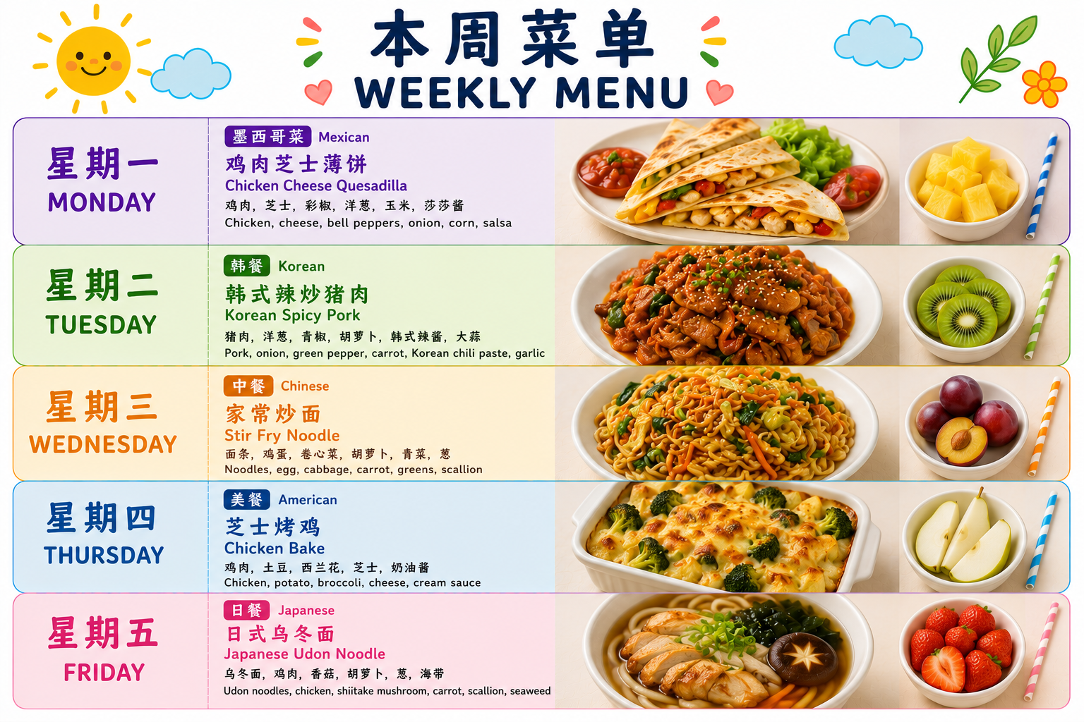 Weekly Menu: Monday Chicken Cheese Quesadilla, Tuesday Korean Spicy Pork, Wednesday Stir Fry Noodle, Thursday Chicken Bake, and Friday Japanese Udon Noodle.
